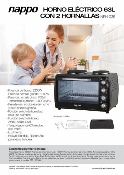 Horno Eléctrico de 63 Litros con 2 hornallas NAPPO NEH-035