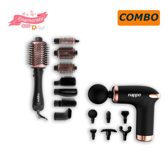 Combo enamorados Cepillo secador aislador multifuncional 7 en 1 NAPPO + pistola masajeadora.