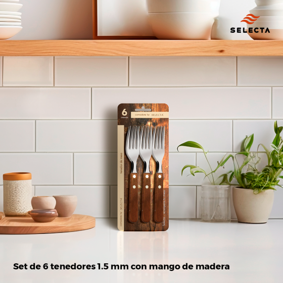 Set de 6 piezas de tenedores 1.5MM MANGO MADERA