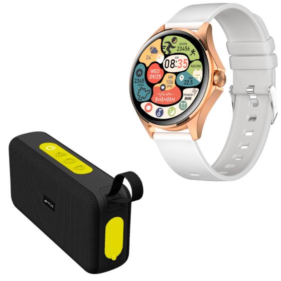 COMBO SMARTWATCH FTX ROSE GOLD/GRIS + PARLANTE FTX NEGRO/AMARILLO