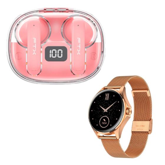 COMBO AURICULAR CON MICROFONO FTX + SMARTWATCH FTX ROSA GOLD