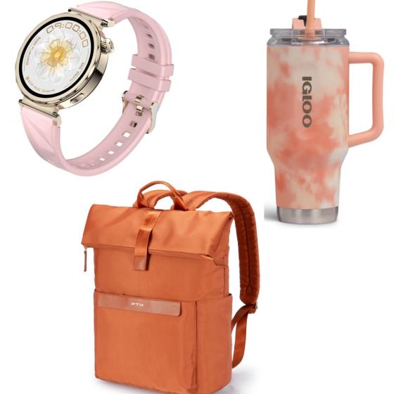 COMBO MOCHILA FTX MARRON ROJIZO + VASO TERMICO CON PAJITA NARANJA + SMARTWATCH FTX GOLD ROSA