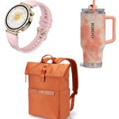 COMBO MOCHILA FTX MARRON ROJIZO + VASO TERMICO CON PAJITA NARANJA + SMARTWATCH FTX GOLD ROSA