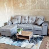 SOFA MOVELMAX VICTORIA 3 + CHAISE GRIS C/ BAUL + 2 ALMOHADAS