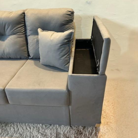 SOFA MOVELMAX VICTORIA 3 + CHAISE GRIS C/ BAUL + 2 ALMOHADAS