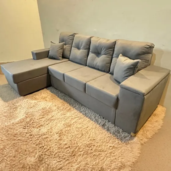 SOFA MOVELMAX VICTORIA 3 + CHAISE GRIS C/ BAUL + 2 ALMOHADAS