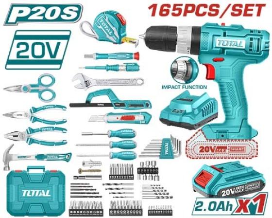 TALADRO PERCUTOR A BATERÍA 20V CON JUEGO DE HERRAMIENTAS (165 PZS) - BAT/CAR - THKTHP11652